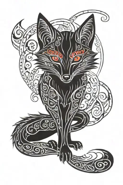 Full Body Of A Black Fox With Red Eyes
