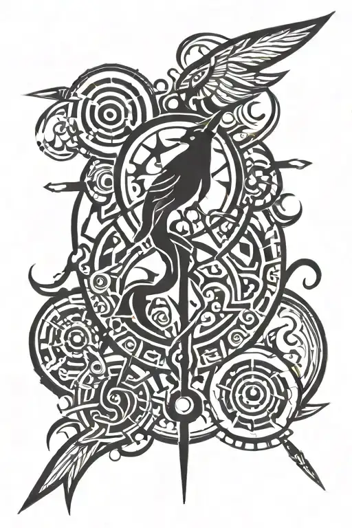 A Tribal Design Incorporating Elements Of Rock Music And Hunting Symbols