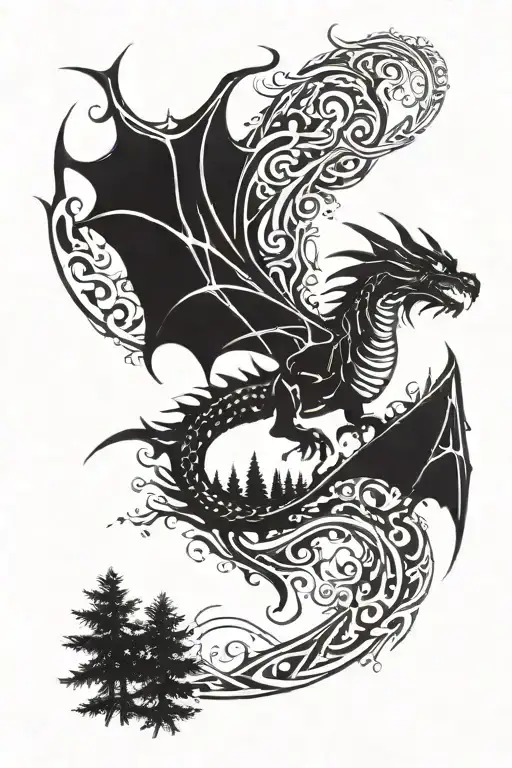 Dragon Flying Over A Pine Forest