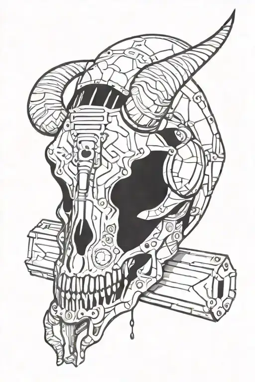 Incorporate A Water Buffalo Skull With Construction Equipment In A Blackwork Design