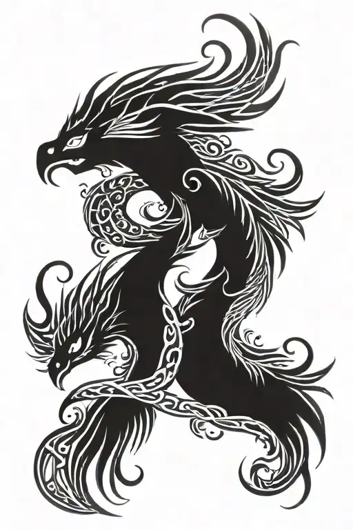 Phoenix And Dragon With Intertwined Necks In Nordic Style
