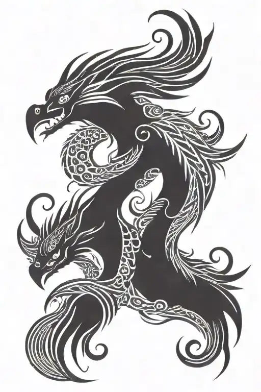 Phoenix And Dragon With Intertwined Necks And Wings Facing The Arms In Nordic Style