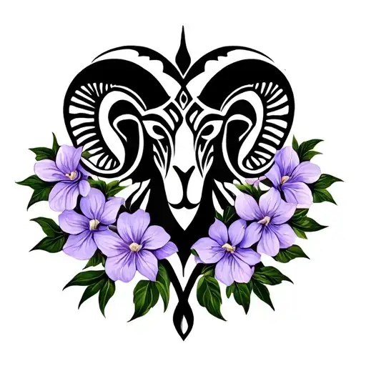 Aires Ram With Symbol Lilac Flowers Growing Together