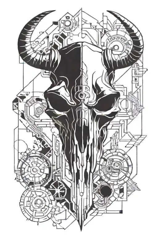 Incorporate A Water Buffalo Skull With Construction Equipment In A Blackwork Design