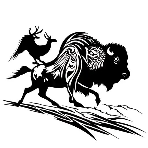 Buffalo Running Alongside Eagle And Deer
