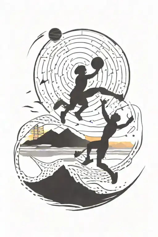 Brother And Sister Play Basketball Sunset Sky