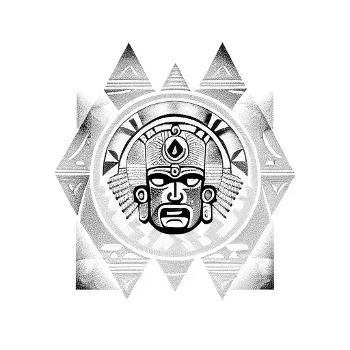 Aztec Warrior With Pyramids And Moon Phases