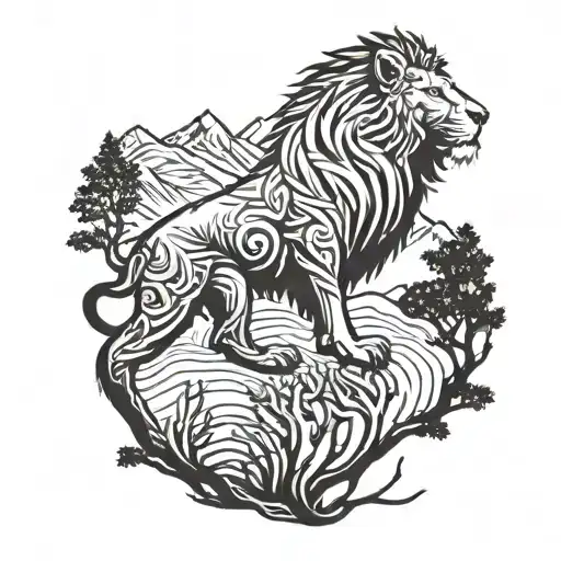 Juniper Tree With A Female Lion In Its Branches With Snowcapped Mountains In The Background