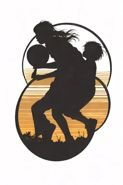 Brother And Sister Play Basketball Sunset Sky Background