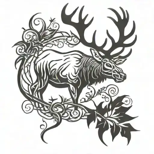 Bull Elk With Leaves And Vines Growing