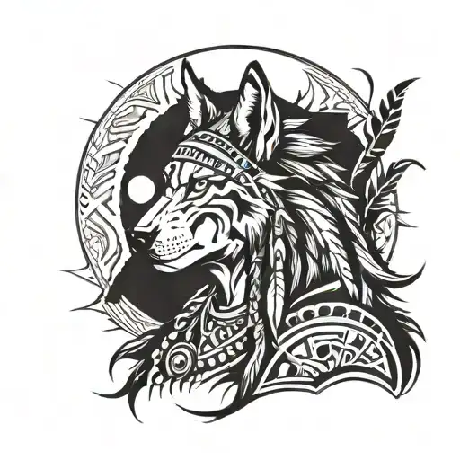 Native American Warrior With Wolf Howling At The Moon