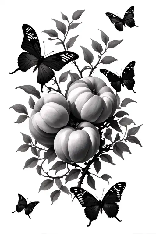 Peach Tree Growing And Butterflies Flying