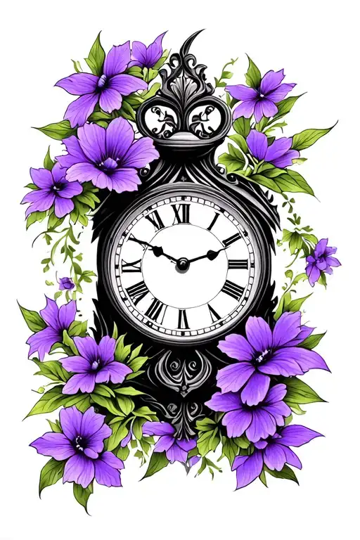 Old Style Clock With Purple Flowers