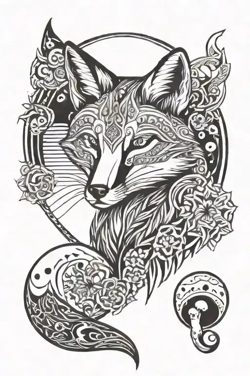 Fox With Mushrooms Against The Background Of The Sun And Moon