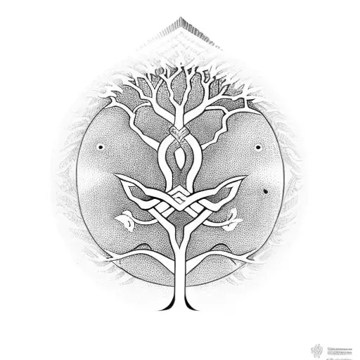 Create A Black-grey Tattoo Of The Tree Of Life With Symbols Of Protection Incorporated