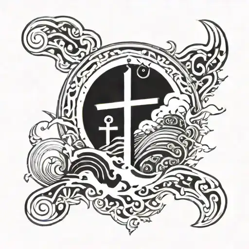 Ocean W Full Moon Rising And A Cross