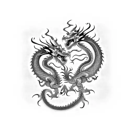 Spine Tattoo Of Two Chinese Dragons One Black One Red In A Hyper Sigilism Style