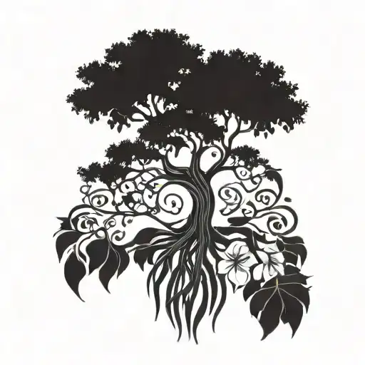 A Dotwork Tattoo Of A Majestic Gondor Tree With Iris Flowers Blooming At Its Roots