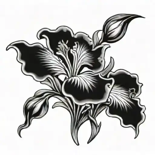 A Black-grey Tattoo Of A Mystical Iris Flower Surrounded By Swirling Nature Patterns