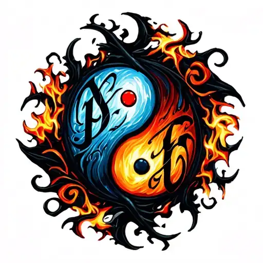The Words Pyro And Kai Drawn In A Yin Yang Symbol Of Fire And Water In Gothic Letters