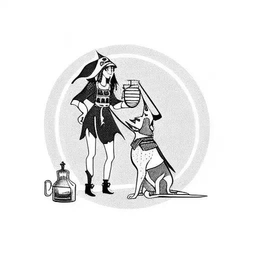 A Witch Brewing A Potion With Her Loyal Dog By Her Side