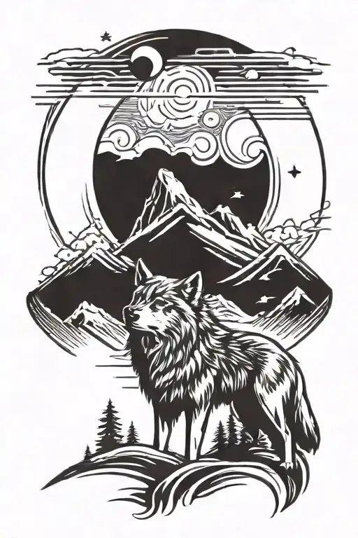 Wolf Howling At The Moon Mountain Landscape