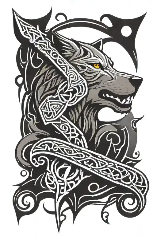 Thor's Hammer With A Wolf In Celtic Style