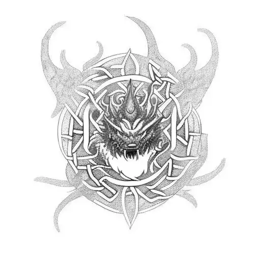 Full Arm Sleeve Tattoo Of A Blue Dragon With A Flaming Red Pearl In The Celtic Style