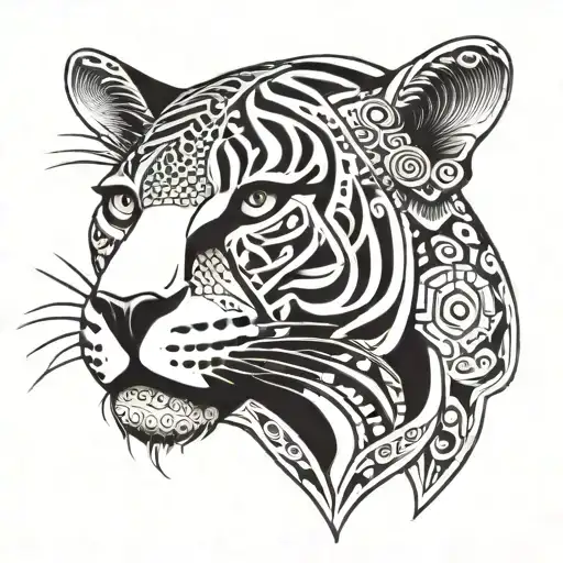 Jaguar In Aztec Style Tattoo Design Incorporating Elements