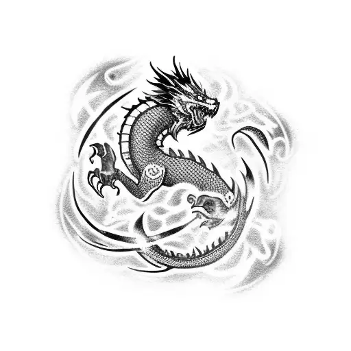 Full Arm Sleeve Tatto Of A Blue Dragon With A Flaming Red Pearl In The Celtic Style