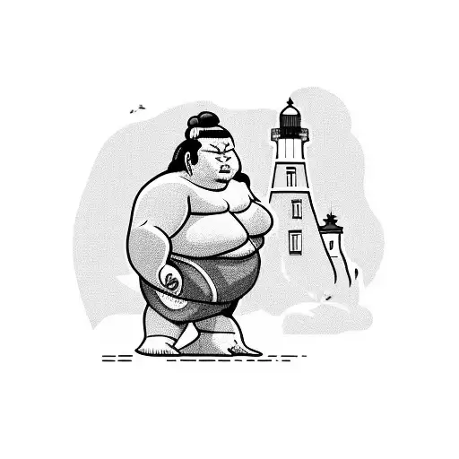 A Sumo Wrestler Sat In A Rose Garden With A Lighthouse In The Distance