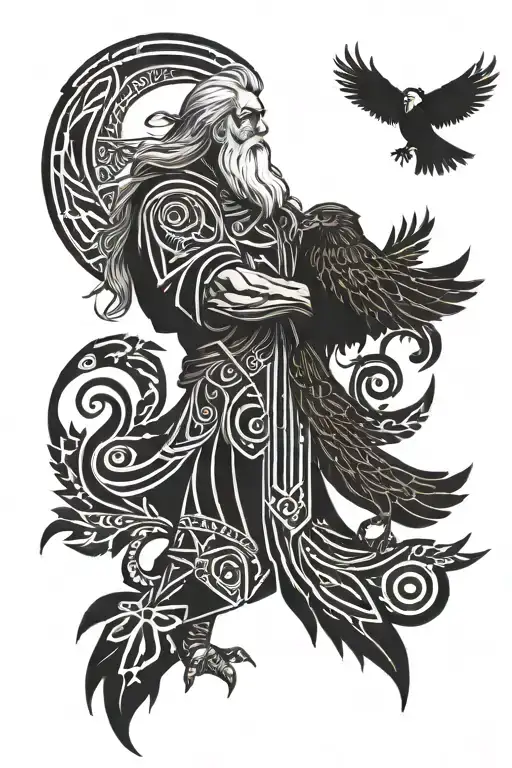 Odin Standing Holding A Crow Extended From His Arm