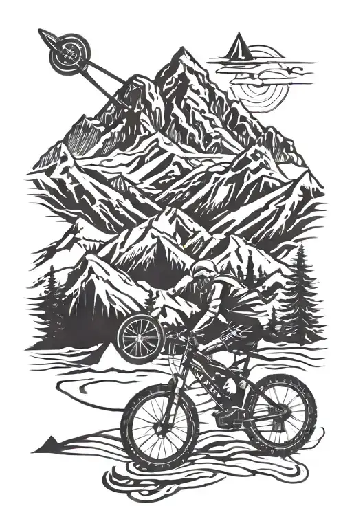 Ski & Bicycle In Front Of Mountain Peak