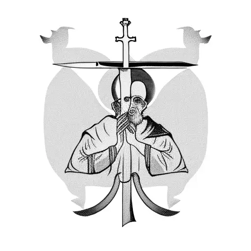 Catholic Monk On One Knee With A Sword