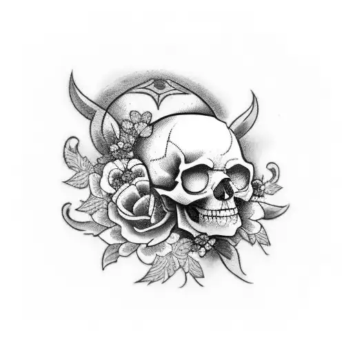 A Traditional-style Tattoo Of A Skull Adorned With Vibrant Flowers And Intricate Patterns