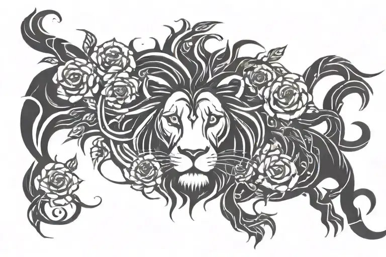 Tribal Lion With Roses And Tree Roots Reaching Deep