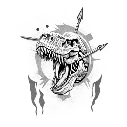 A T-rex Skull With An Open Mouth With A Spear Going Through It