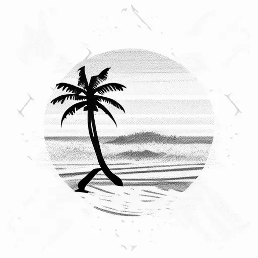A Serene Beach Sunset With Palm Leaves Silhouetted Against The Sky