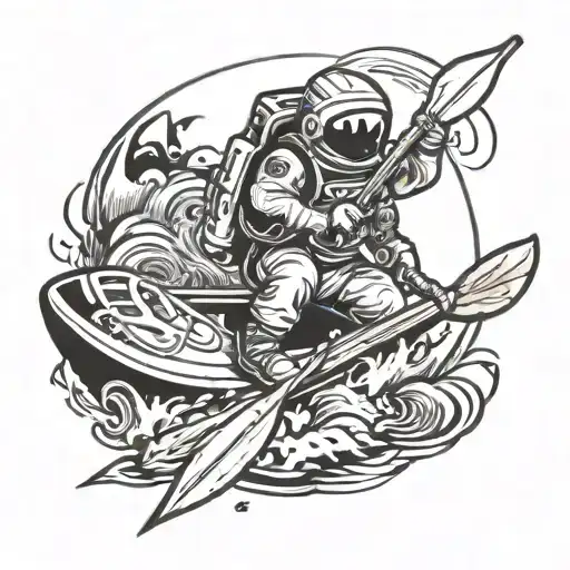 Astronaut Riding A River Raft With Cam Buckle And Strap And Pointing An Oar Forward