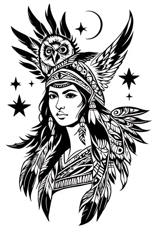 Native American Woman Warrior Owl Feathers Phoenix Turtle Moon Stars