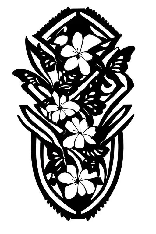 Geometric Pattern With Butterflies And Plumerias