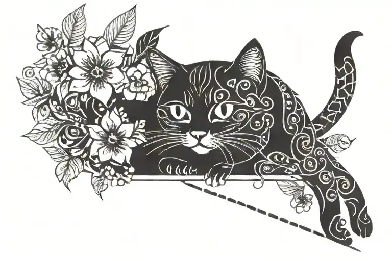 Wrist Band Tattoo With Cat And Flowers