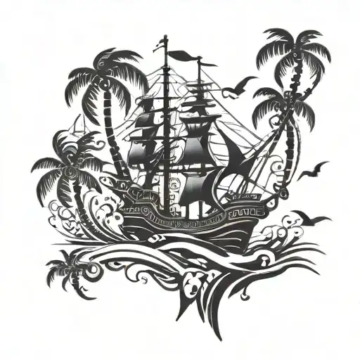 Pirate Ship And Palm Trees Birds Fish