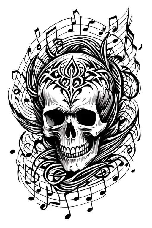 Skull Surrounded My Music Notes Intertwined Symbolizing