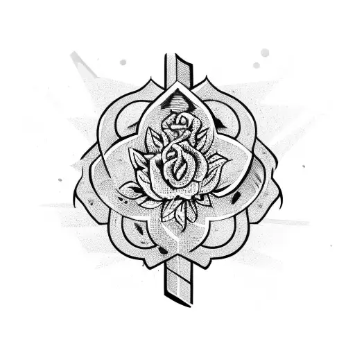 Rock With Sword And Flowers