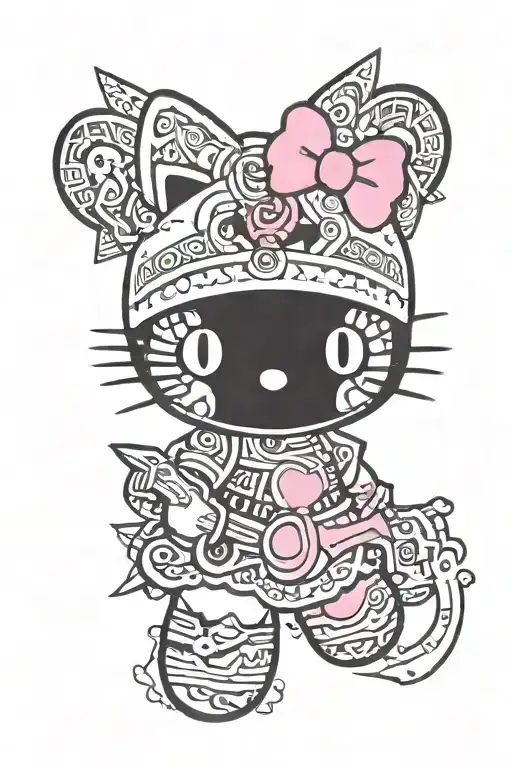 Color Tattoo Of Hello Kitty With A Pink Bow And A Weapon In Her Hands