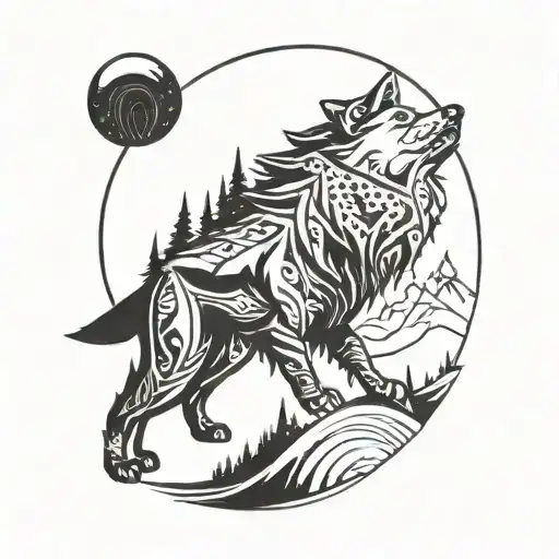 Wolf In Mountain Peaks With Stars Surrounded By A Planet