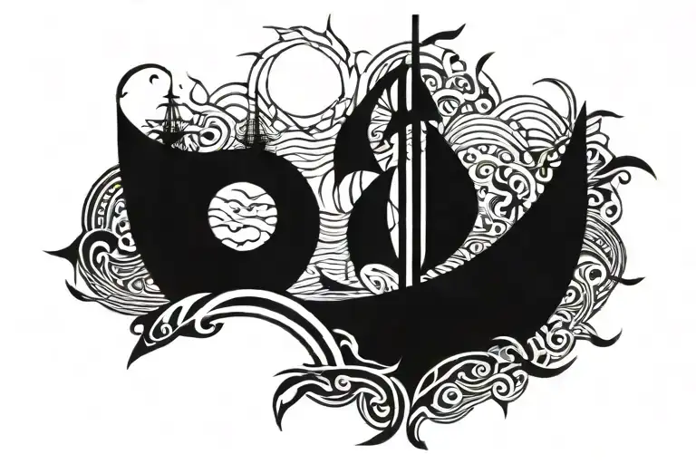 Boat In Ocean And Pices Zodiac Sign Intertwined