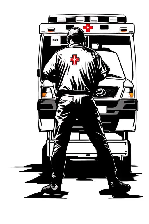 Paramedic Standing Behind The Ambulance Back Tattoo Realism