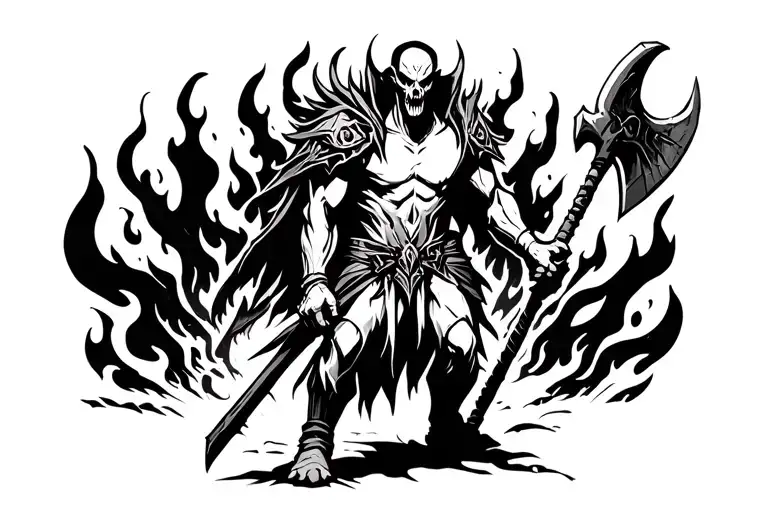 Forest Scary Guardian Walking A Through A Flaming Forest With An Axe To Kill Enemies